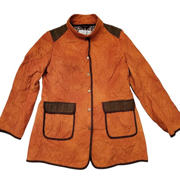 Tasha Polizzi Orange Quilted Coat L Leopard Print Lining Brown Tweed Trim Patche - Picture 2 of 10